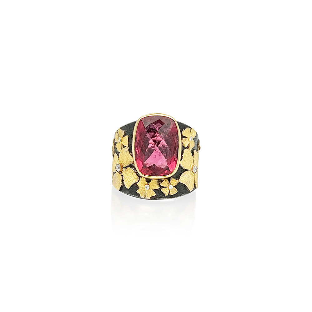 Rubellite tourmaline ring with flowers and diamonds