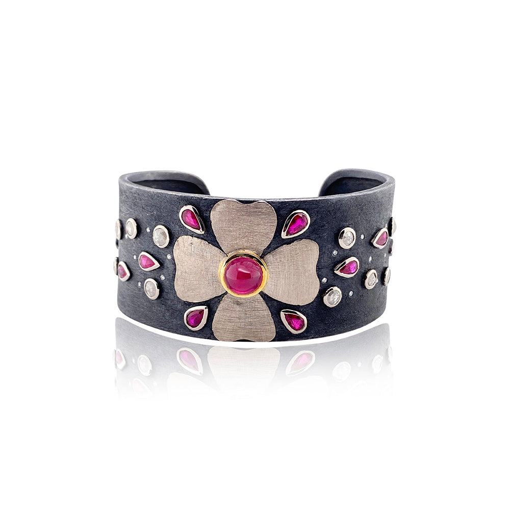 Palladium and Oxidized Sterling Silver Cuff Bracelet with Rubies and Diamonds