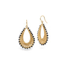 18k yellow gold woven teardrop earrings with black diamonds, 5.5 cttw, on 18k yellow gold french wires. Earrings are 1 1/2" long x 15/16" wide (38 x 25mm).