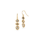One-of-a-kind natural salt and pepper diamond earrings, 3.17 cttw, triple drop earrings set in 18k yellow gold bezels with 18k yellow gold woven chain surround on French wires. Earrings are 1 1/2" long x 5/16" wide ( 31 x 8mm including French wires). 