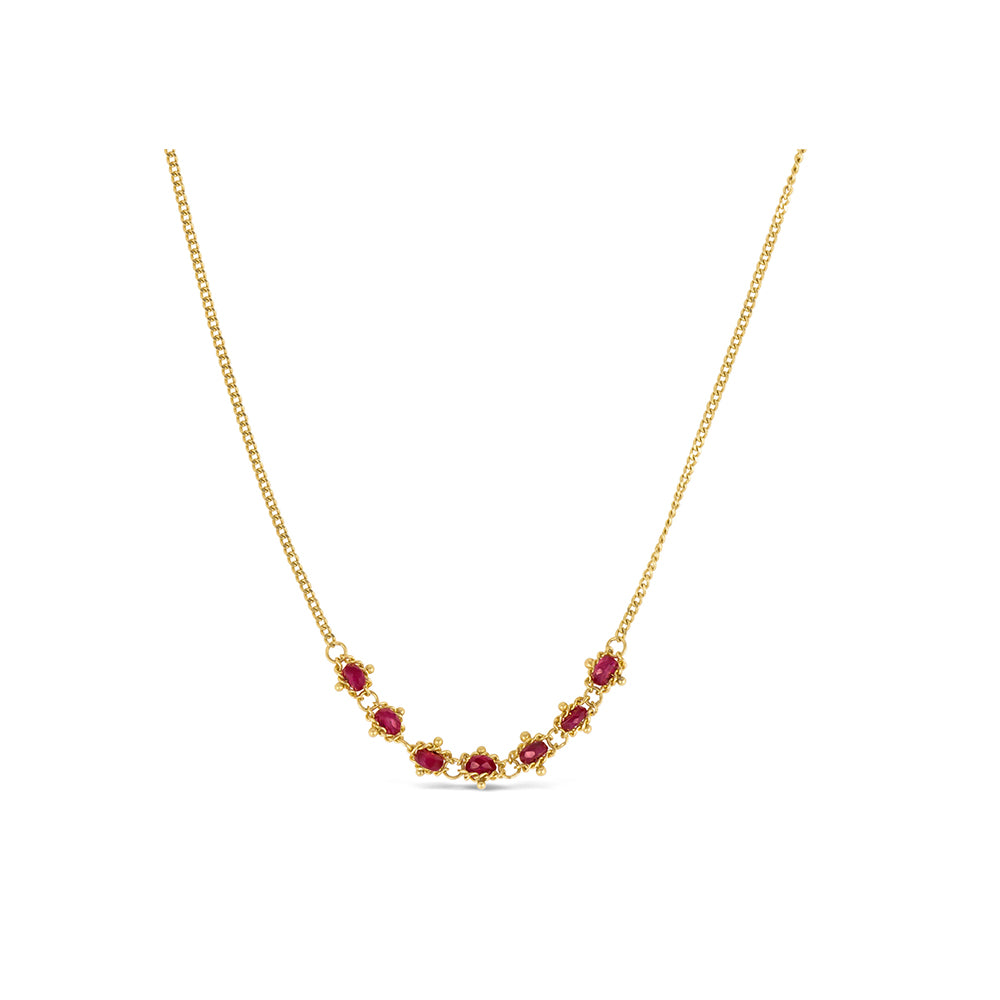Petite Textile ruby necklace, approximately 1 ct, chain is 18k yellow gold and is __" long.