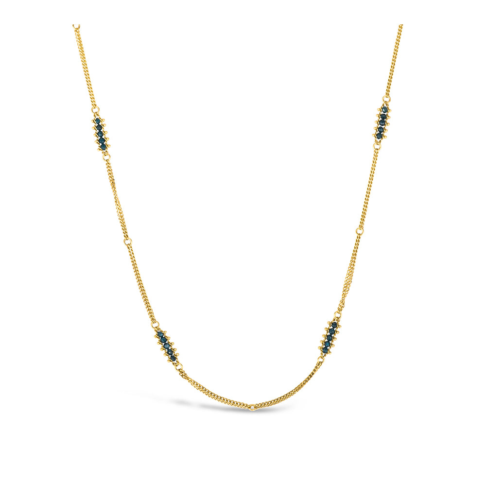 Textile Station double chain blue diamond necklace, approximately 1.4 cttw, chain is 18k yellow gold and is ___" long.