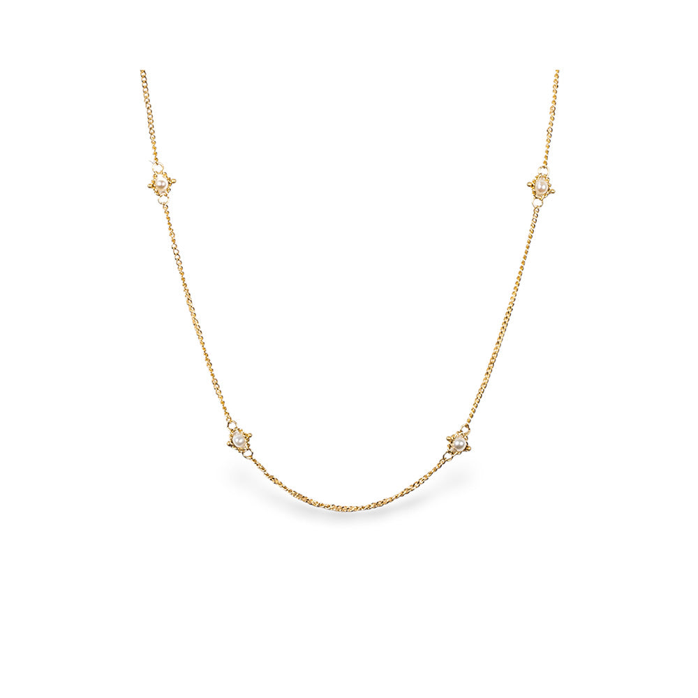 Textile station necklace with freshwater pearls, chain is 18k yellow gold and is 24" long