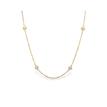 Textile station necklace with freshwater pearls, chain is 18k yellow gold and is 24" long