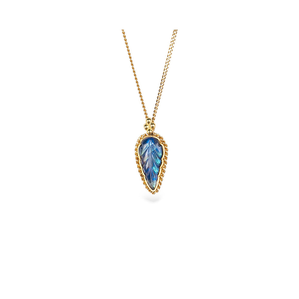 One-of-a-kind carved leaf moonstone necklace, .85 ct, bezel set in 18k yellow gold with 18k woven chain surround. Moonstone is 3/4" tall x 7/16" (20 x 11mm) on an 18k yellow gold adjustable chain (16"-18") with lobster clasp.