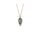 One-of-a-kind carved leaf moonstone necklace, .85 ct, bezel set in 18k yellow gold with 18k woven chain surround. Moonstone is 3/4" tall x 7/16" (20 x 11mm) on an 18k yellow gold adjustable chain (16"-18") with lobster clasp.