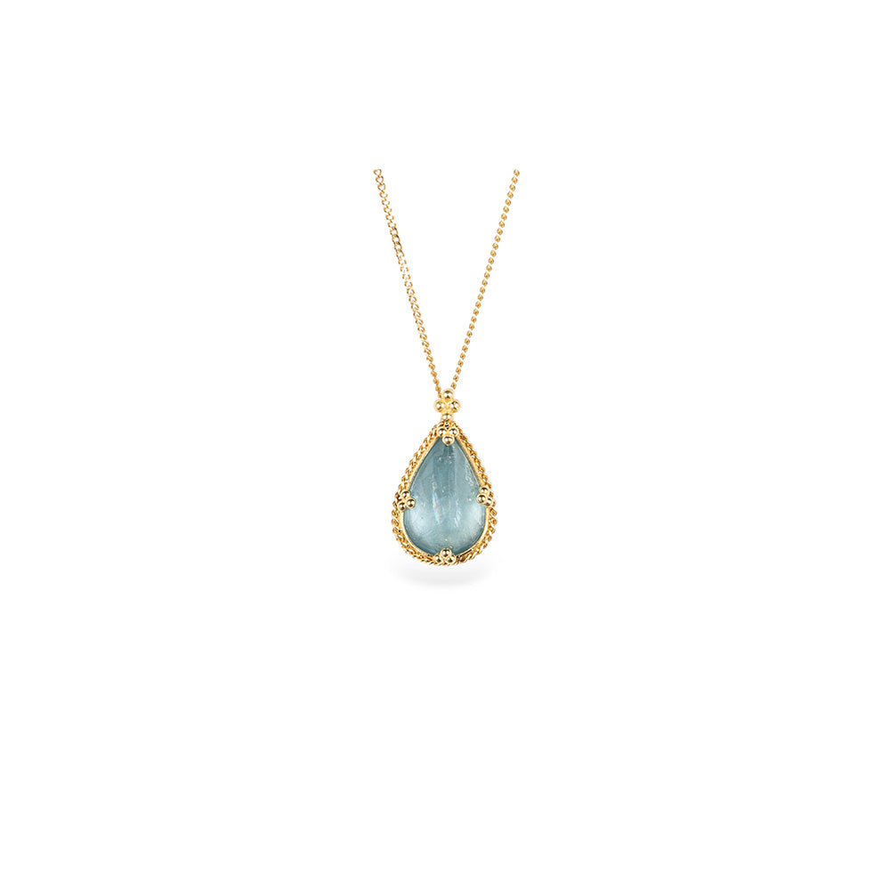 One-of-a-kind pendant with a tear drop-shaped aquamarine, 3.2cts, set in 18k yellow gold with granulation on bail. Pendant is 11/16" long x 7/16" wide (17 x 11mm) on an adjustable (16-18") 18k yellow gold chain.