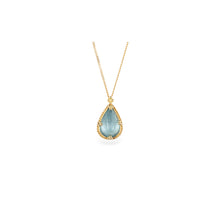 One-of-a-kind pendant with a tear drop-shaped aquamarine, 3.2cts, set in 18k yellow gold with granulation on bail. Pendant is 11/16" long x 7/16" wide (17 x 11mm) on an adjustable (16-18") 18k yellow gold chain.