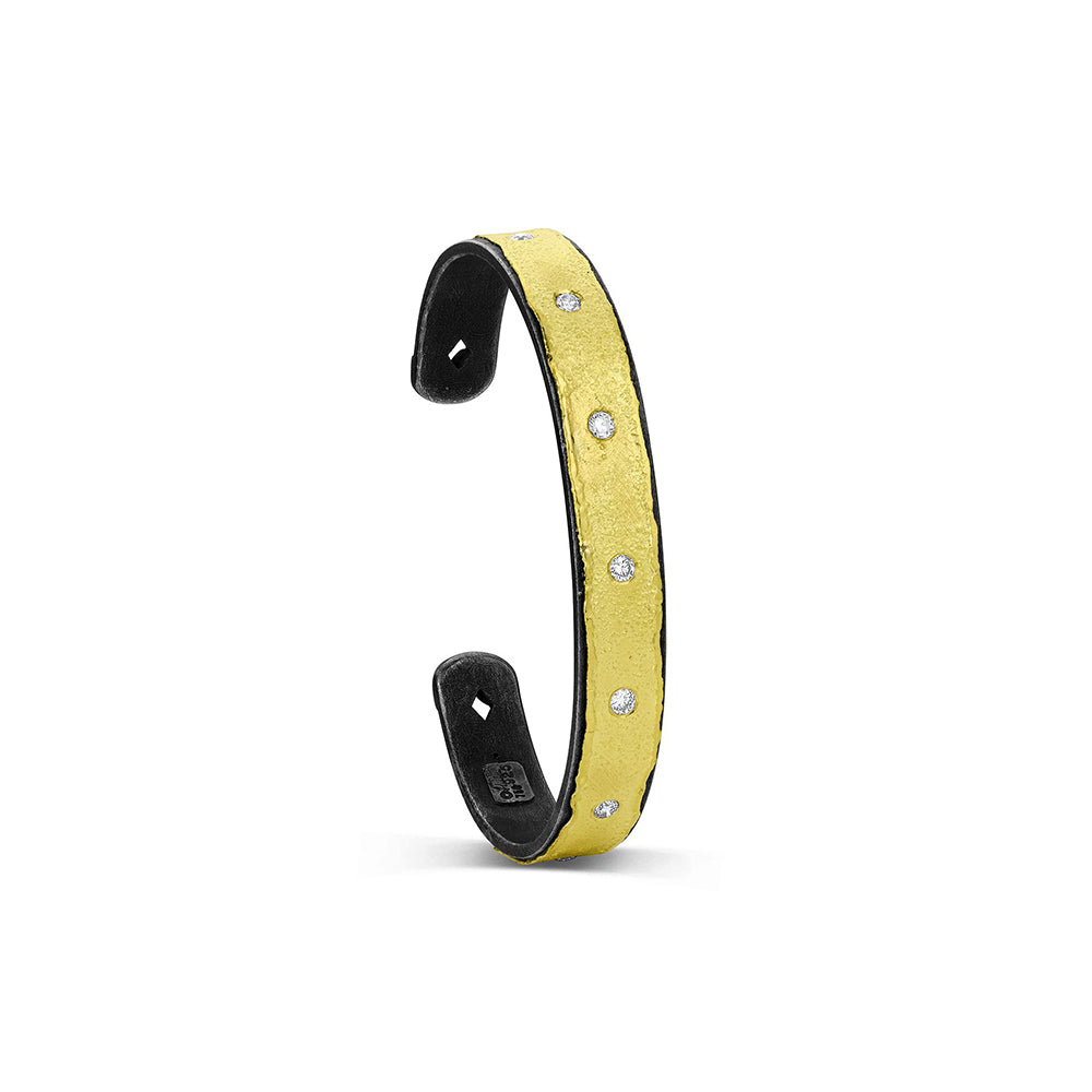 Oxidized Sterling Silver and Rolled Gold Edge Cuff with Diamonds