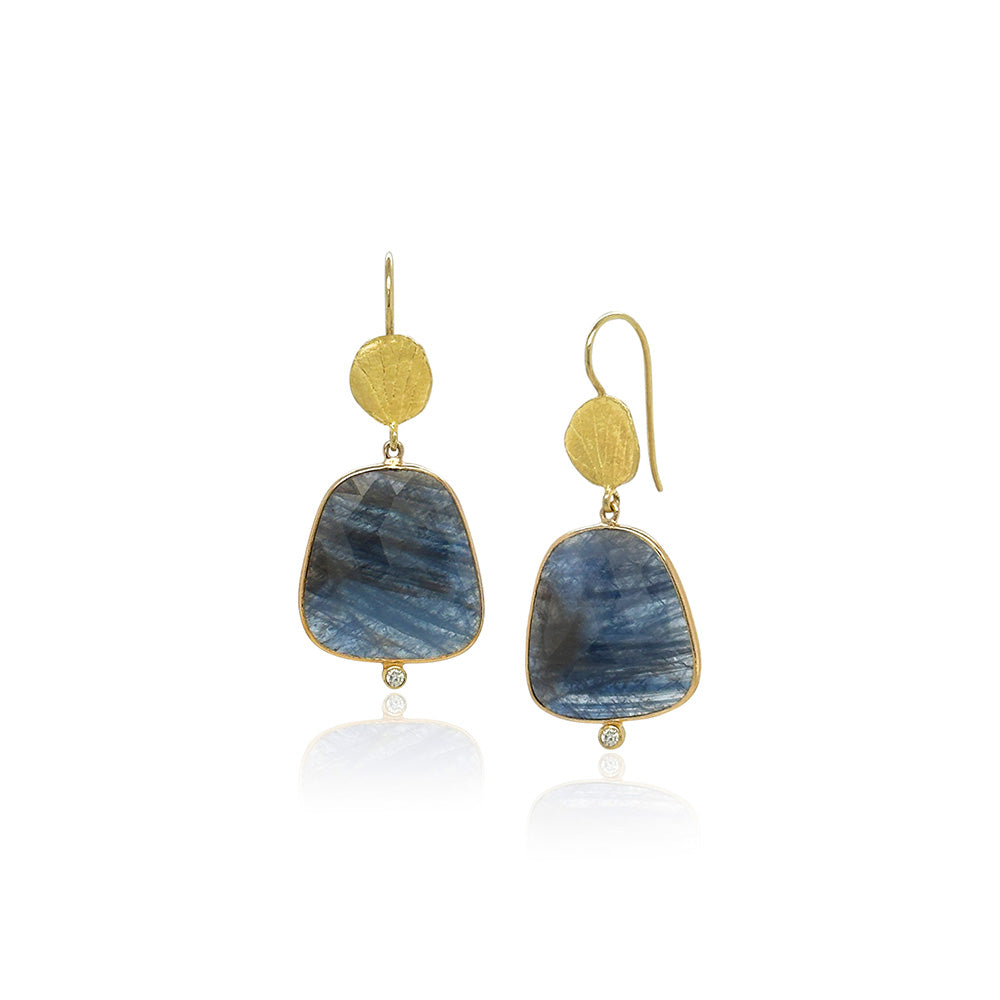 Rose cut blue sapphire drop earrings with tiny diamonds