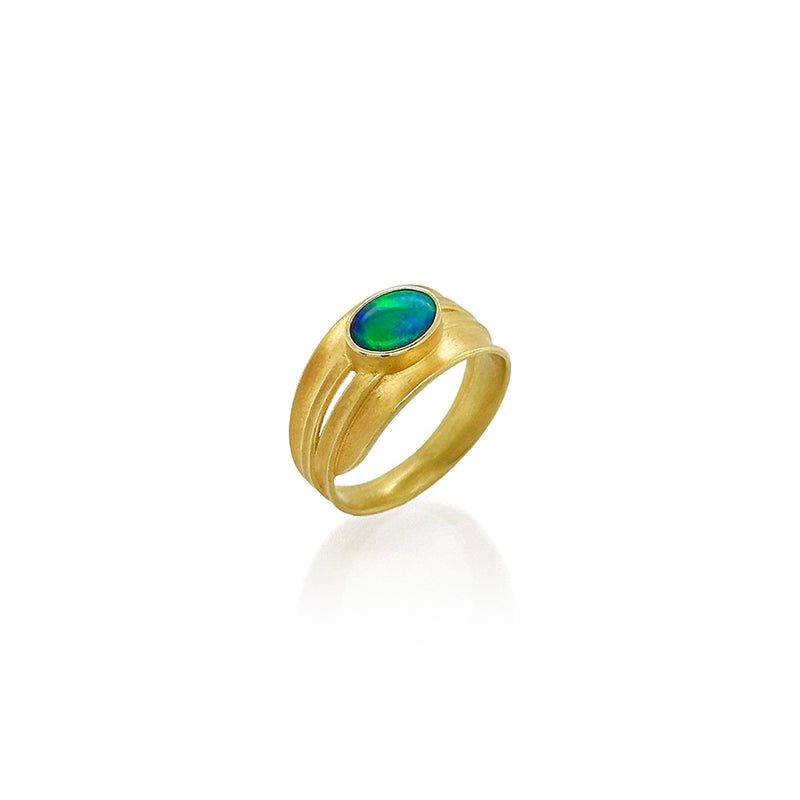 Blades of Grass Ring with Oval Lightning Ridge Boulder Opal