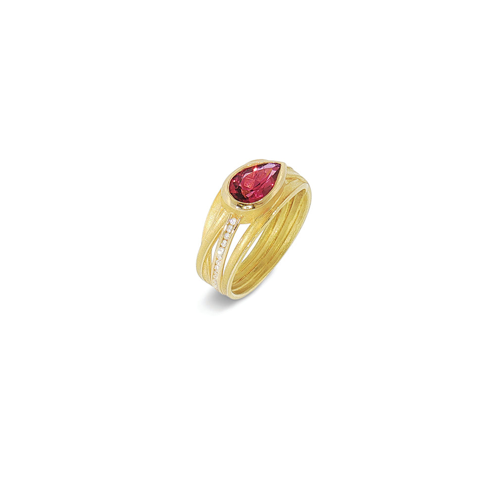 Four Ribbon Ring with Pear-Shaped Red Tourmaline