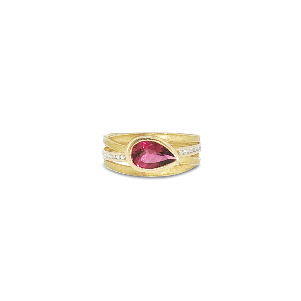 Four Ribbon Ring with Pear-Shaped Red Tourmaline