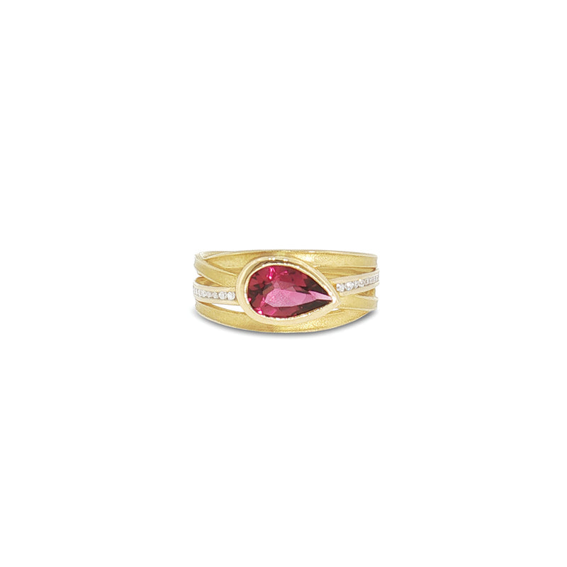 Four Ribbon Ring with Pear-Shaped Red Tourmaline