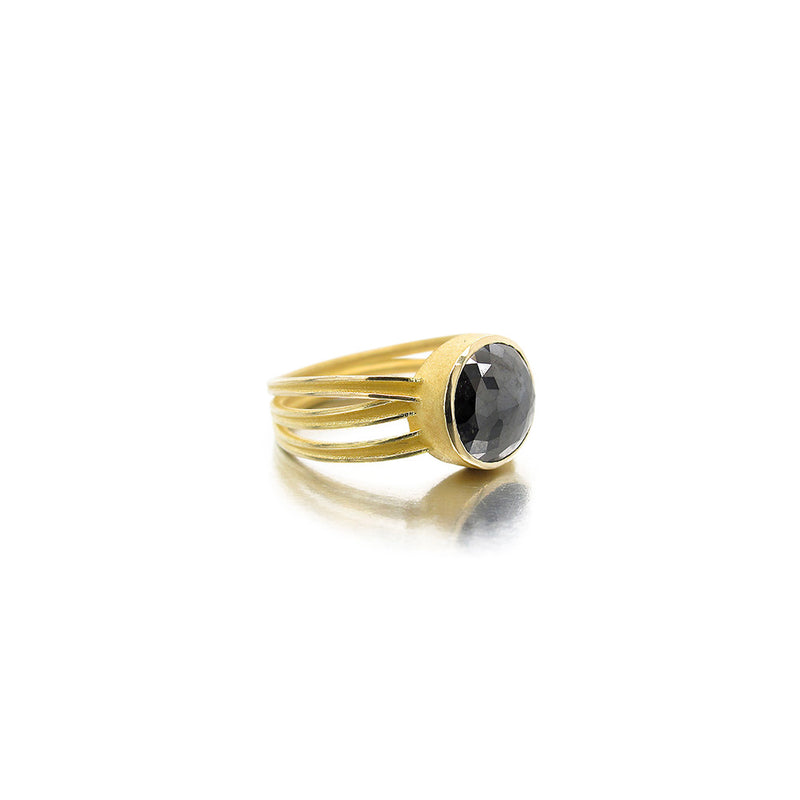 3 Blades Ring with a Round, Rose-Cut Black Diamond