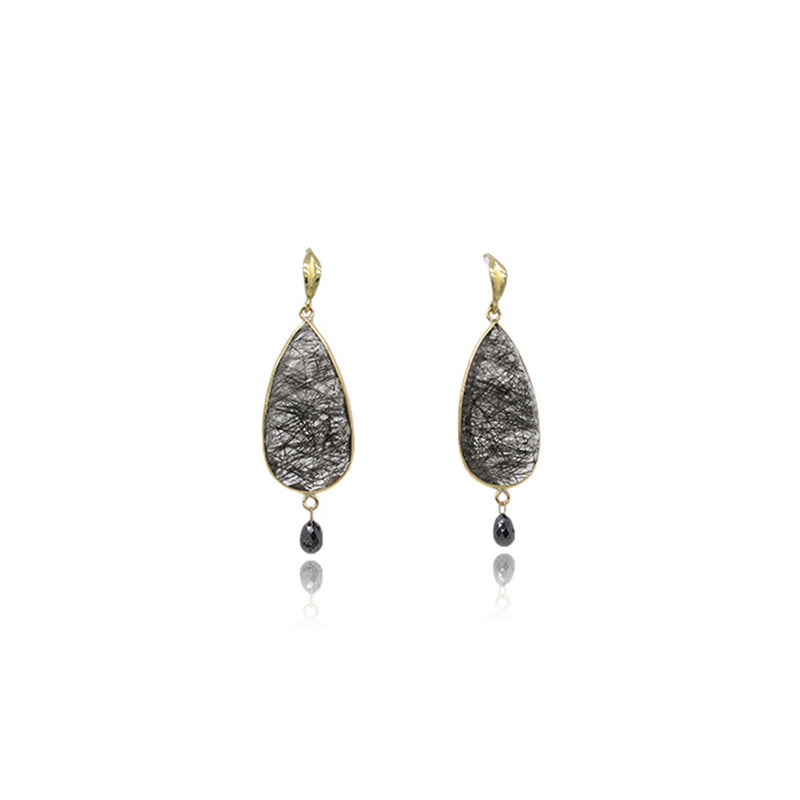 Tourmalinated Quartz and Black Diamond Leaf Top Wire Earrings