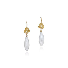 Elongated drop-shaped white freshwater pearl drop earrings with small diamonds and triple shell cluster tops in 18k yellow gold, on French wires. Pearl drops are 7/8" x 5/16" (21 x 8mm) and total length is 19/16" (40mm). 