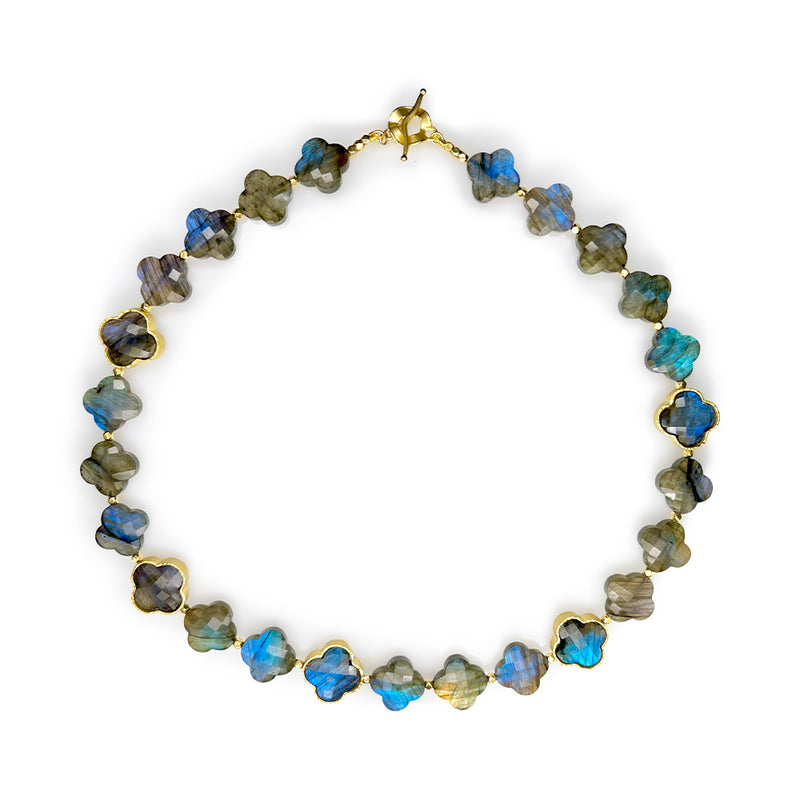 Labradorite Clover Necklace with 5 Gold Frames