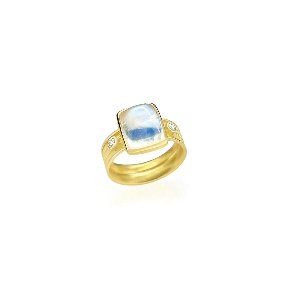 Double curved band with moonstone cabochon and 2 side diamond ring