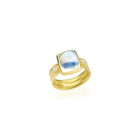 Double curved band with moonstone cabochon and 2 side diamond ring