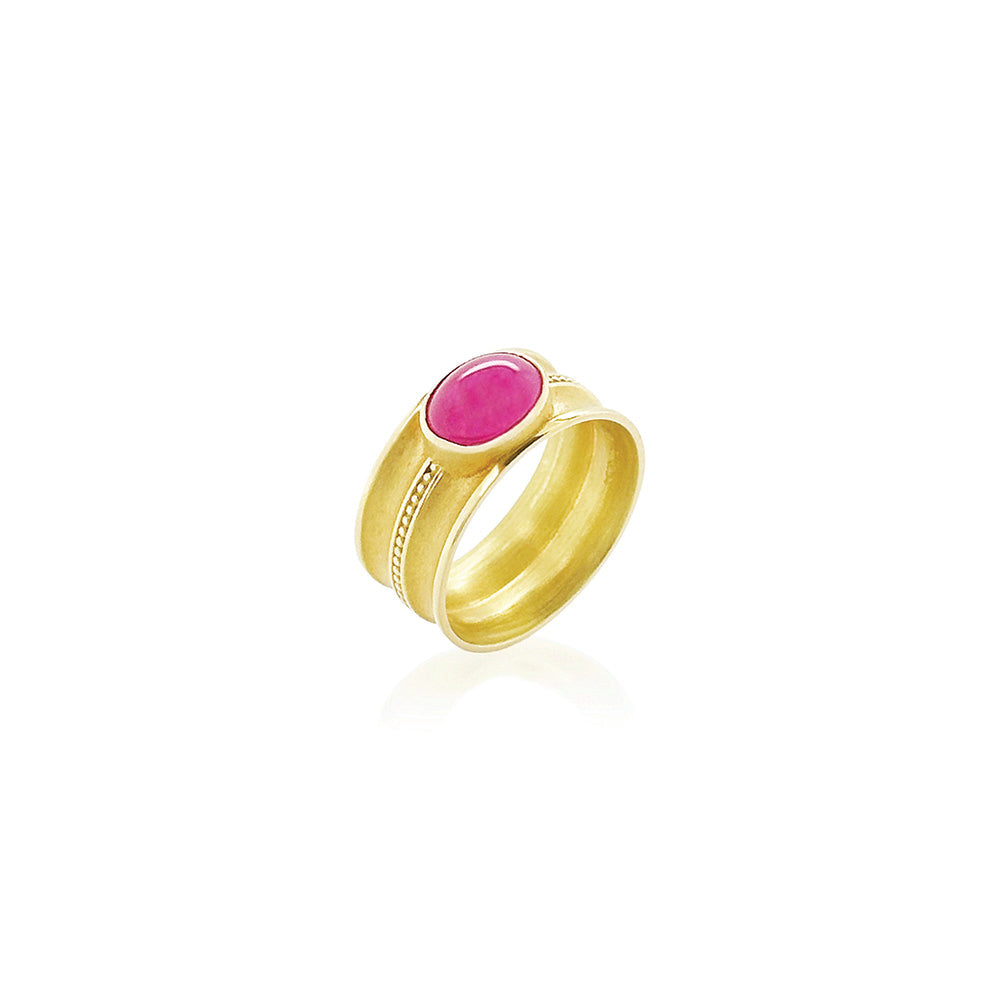Oval ruby ring, 2.01 cts, with an 18k yellow gold double curve band and a center row of granulation. Ring is a size 7.5+ and is 3/8" wide (9mm).