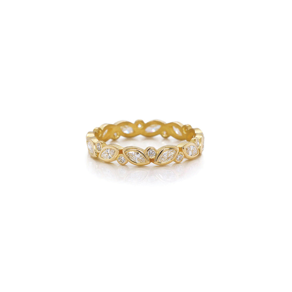 "Luisa" ring with twelve alternating direction marquise diamonds, 0.80 cttw, and twelve small round diamonds in between, 0.18 cttw. Marquise diamonds are 4 x 2mm. Ring is a size 7.75+ and is 1/8" wide (3mm).
