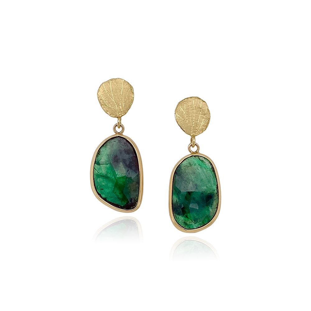 bezel wrapped, rose cut emerald earrings with petal tops