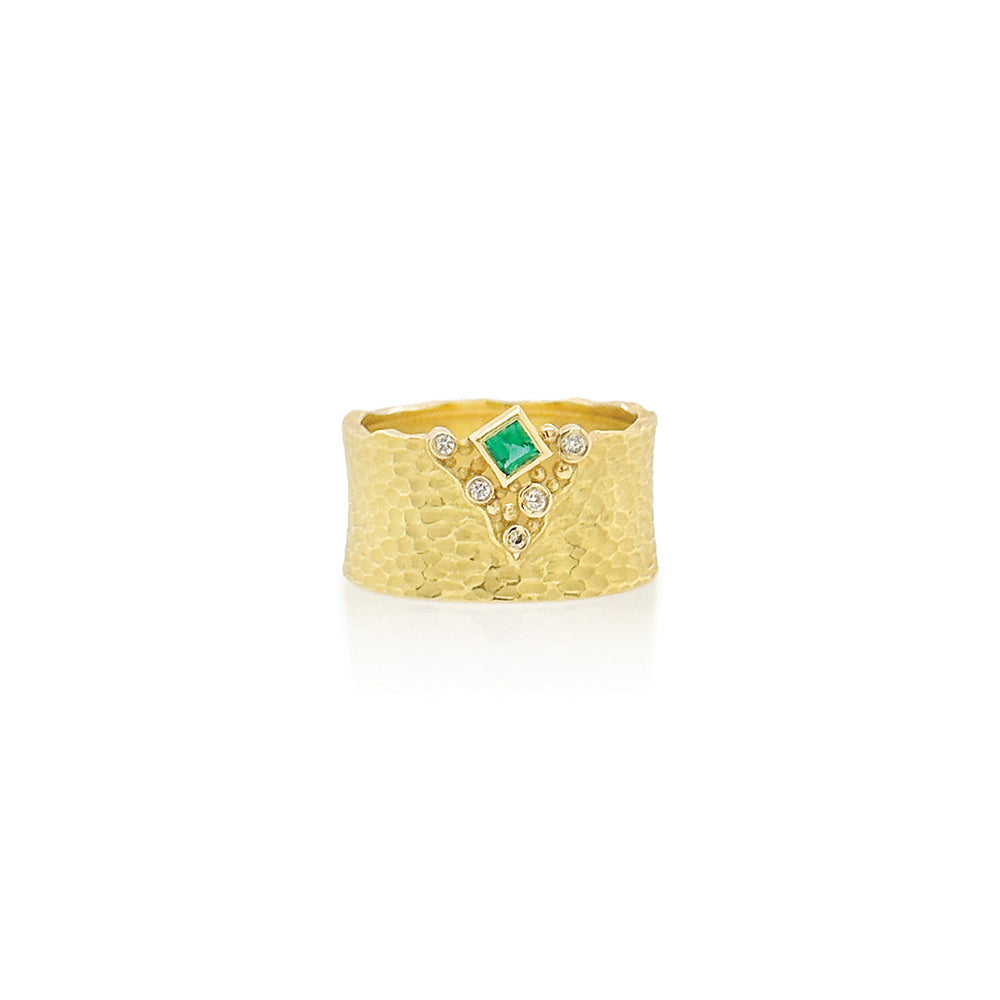 Carved Glacier Ring with Princess Cut Emerald and Diamonds
