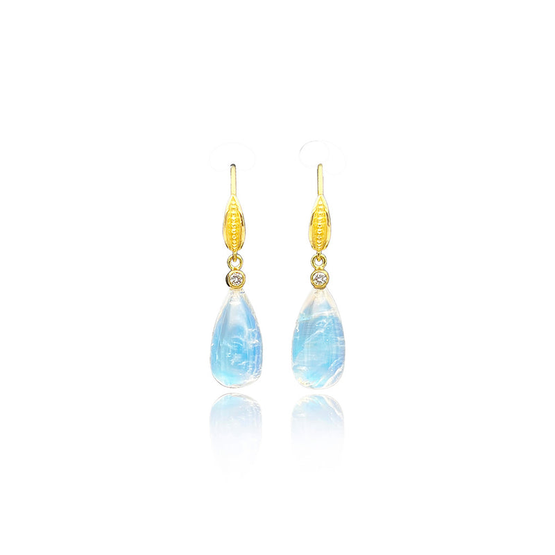 Blue Flash Moonstone Drop Earrings with Leaf Tops