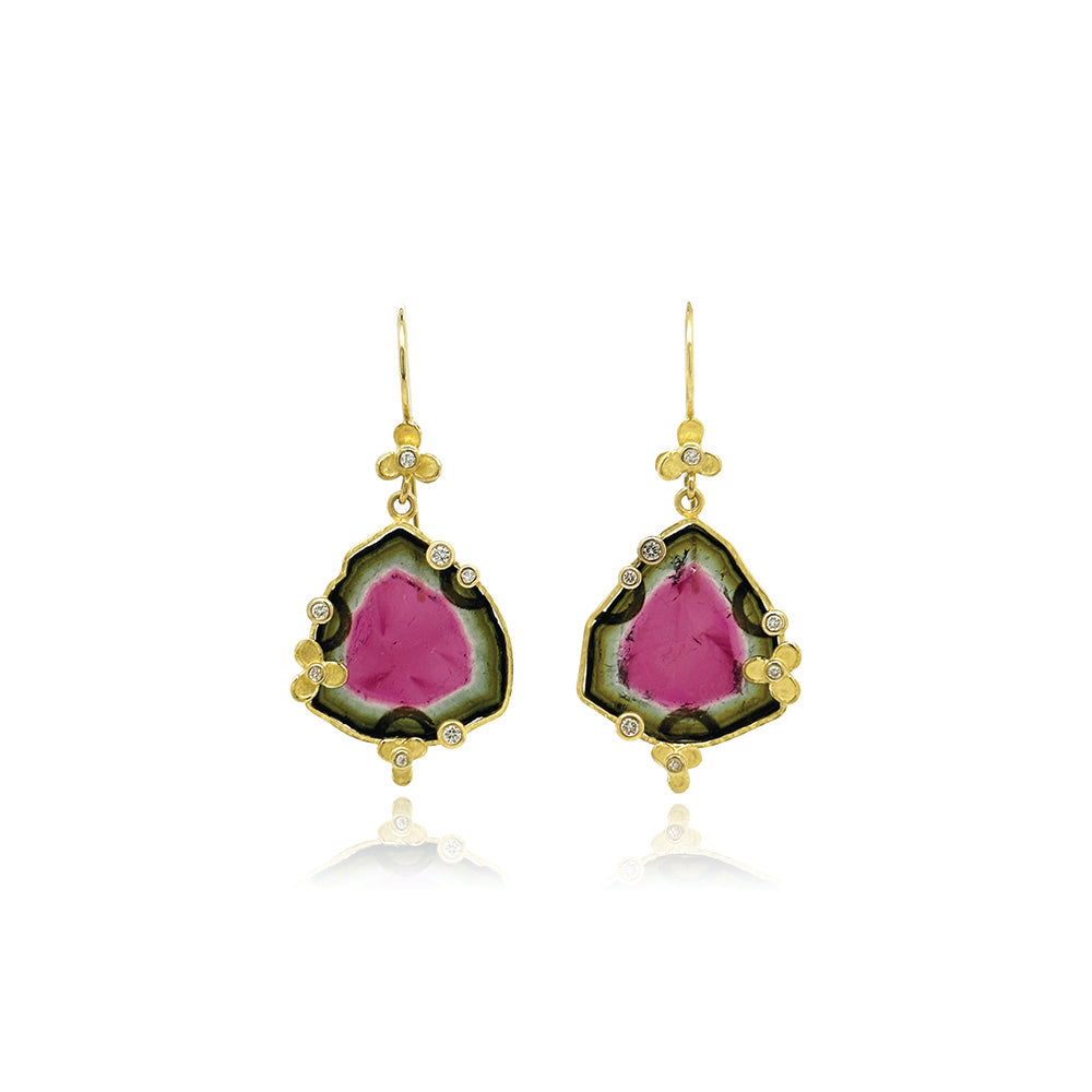 trillion shaped watermelon tourmaline slice earrings with diamonds