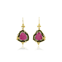 trillion shaped watermelon tourmaline slice earrings with diamonds