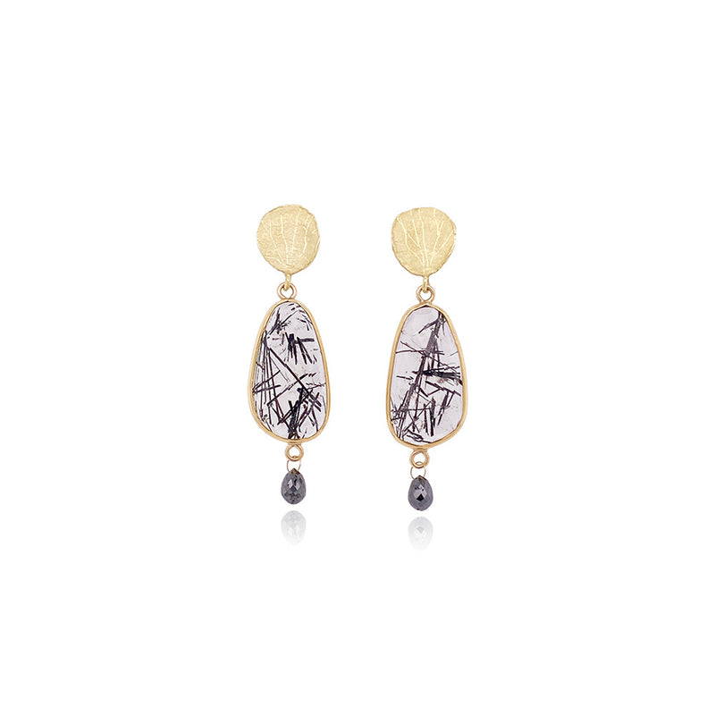 Tourmalinated Quartz Earrings with a Single Black Diamond Drop