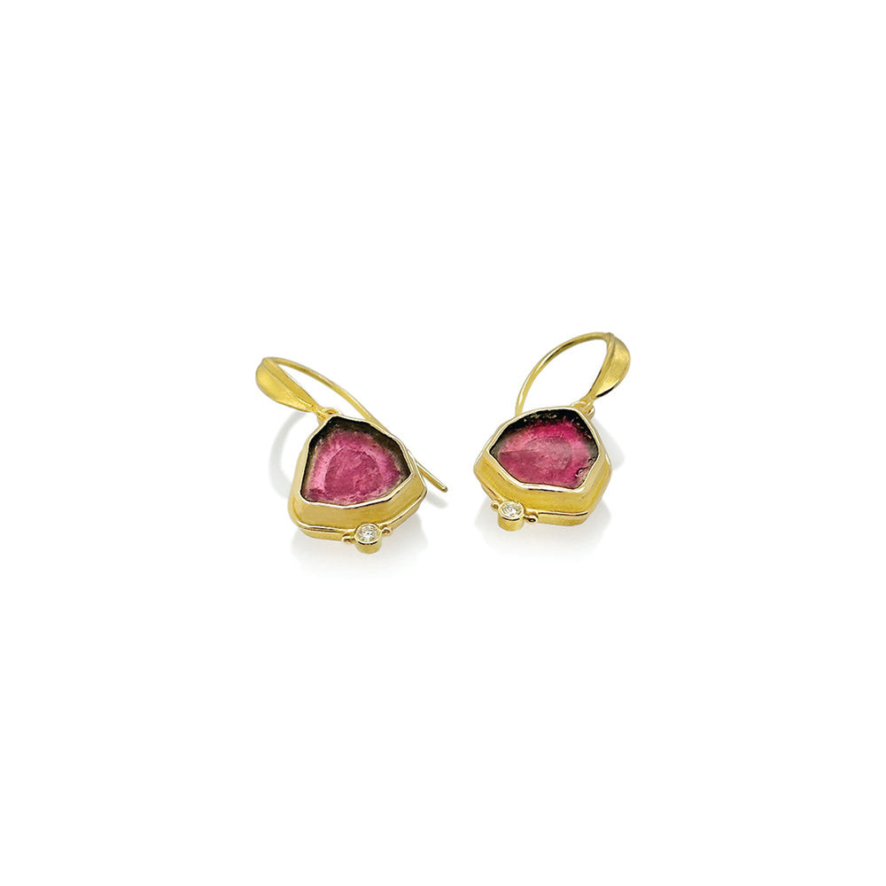 Watermelon Tourmaline Slice Earrings with Surround