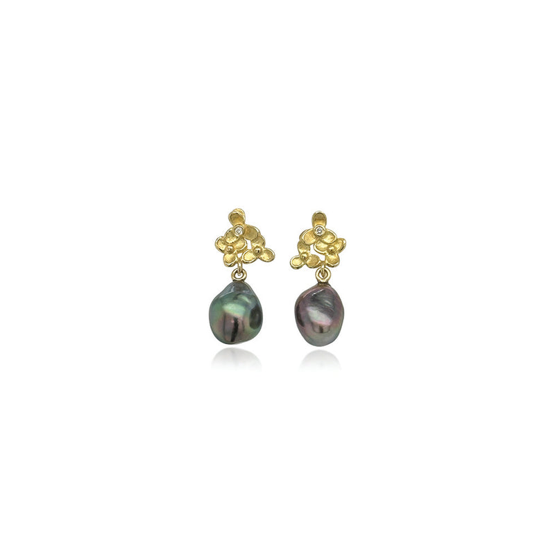 Tiny Trillium Cluster Top Earrings with Keshi Tahitian Pearls