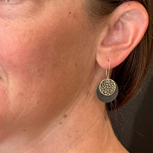 18k yellow gold disc earrings with oxidized sterling silver