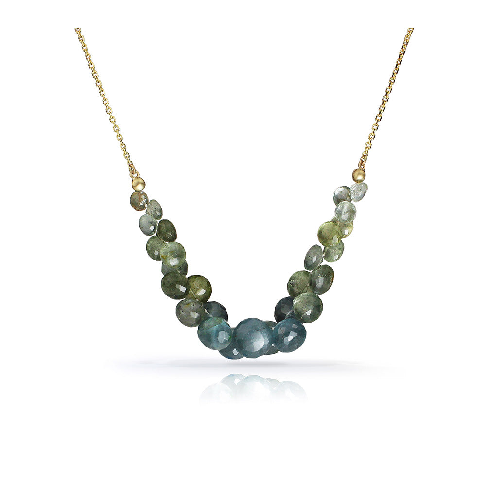 Caviar Scoop Necklace in 14K Yellow Gold and Moss Aquamarine