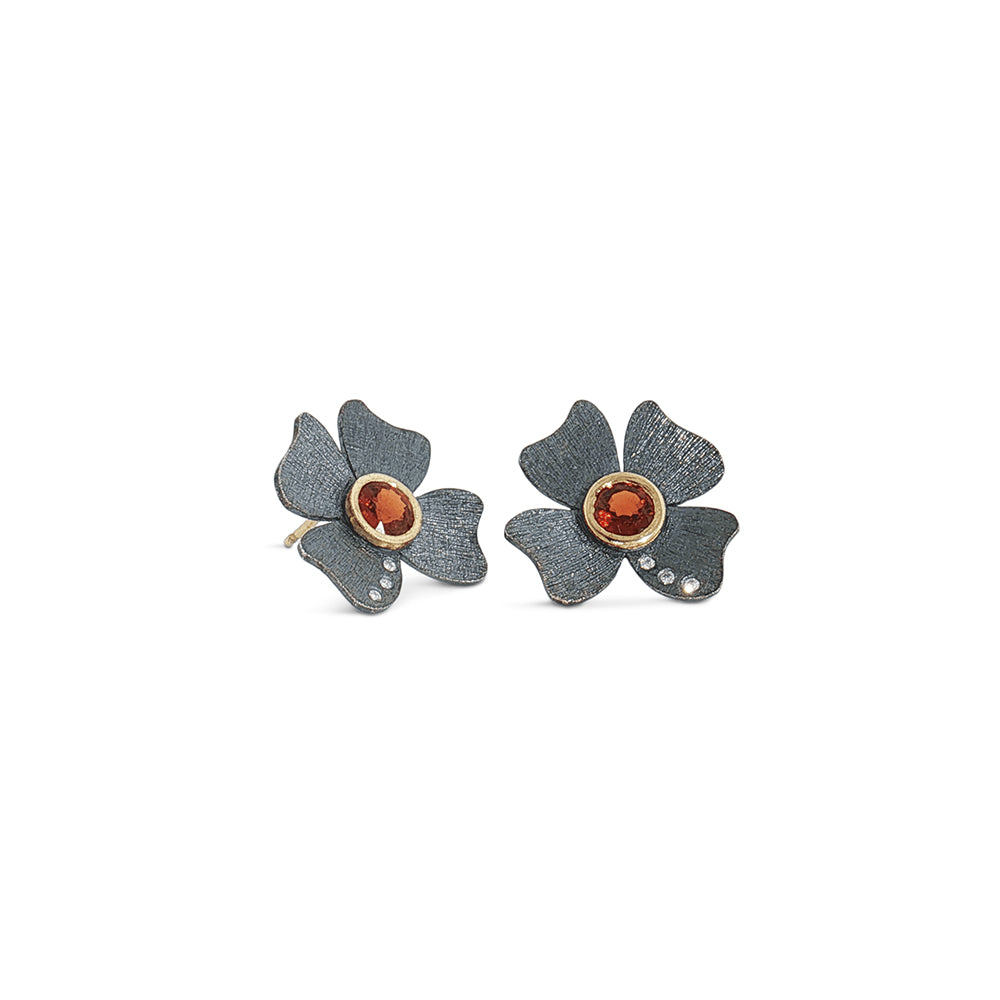 Oxidized Sterling Silver Flower Earrings with Spessartite Garnets