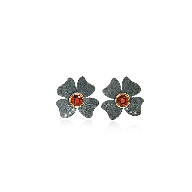 Oxidized Sterling Silver Flower Earrings with Spessartite Garnets