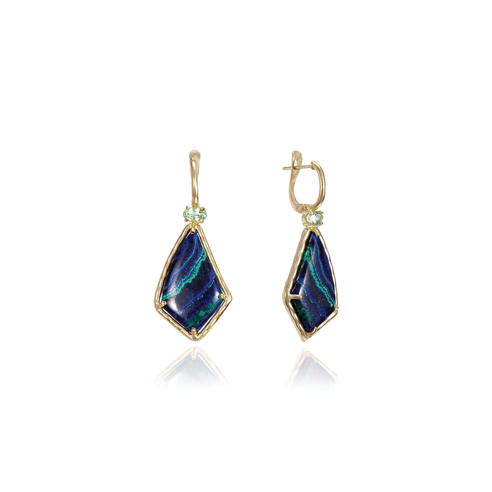 Green tourmaline and azurite-malachite classic drop wire earrings with a lever snap back set in 18k yellow gold. Earrings are 1 9/16" long x 5/8" wide (40 x 16mm)
