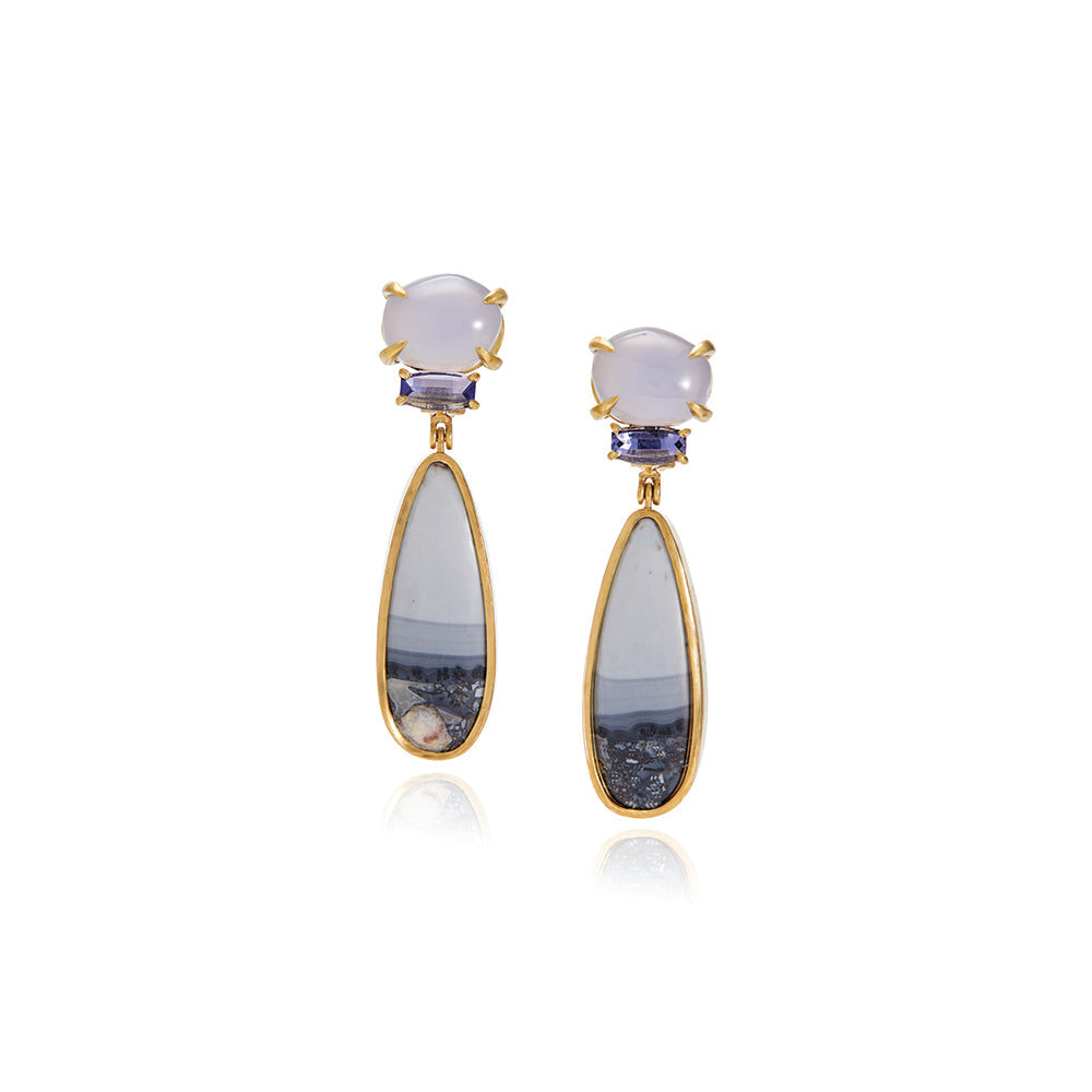 Chalcedony, iolite and maligano jasper stud back earrings with omega clips set in 18k yellow gold. Earrings are 2 1/4" long x 9/16" wide (5.7cm x 14mm)