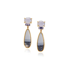 Chalcedony, iolite and maligano jasper stud back earrings with omega clips set in 18k yellow gold. Earrings are 2 1/4" long x 9/16" wide (5.7cm x 14mm)