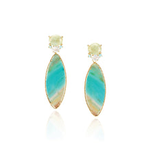 Prehnite, apatite, rainbow moonstone and petrified opalized wood stud back earrings with omega clips set in 18k yellow gold. Earrings are 3" long x 7/8" wide (7.5 cm x 23 mm)