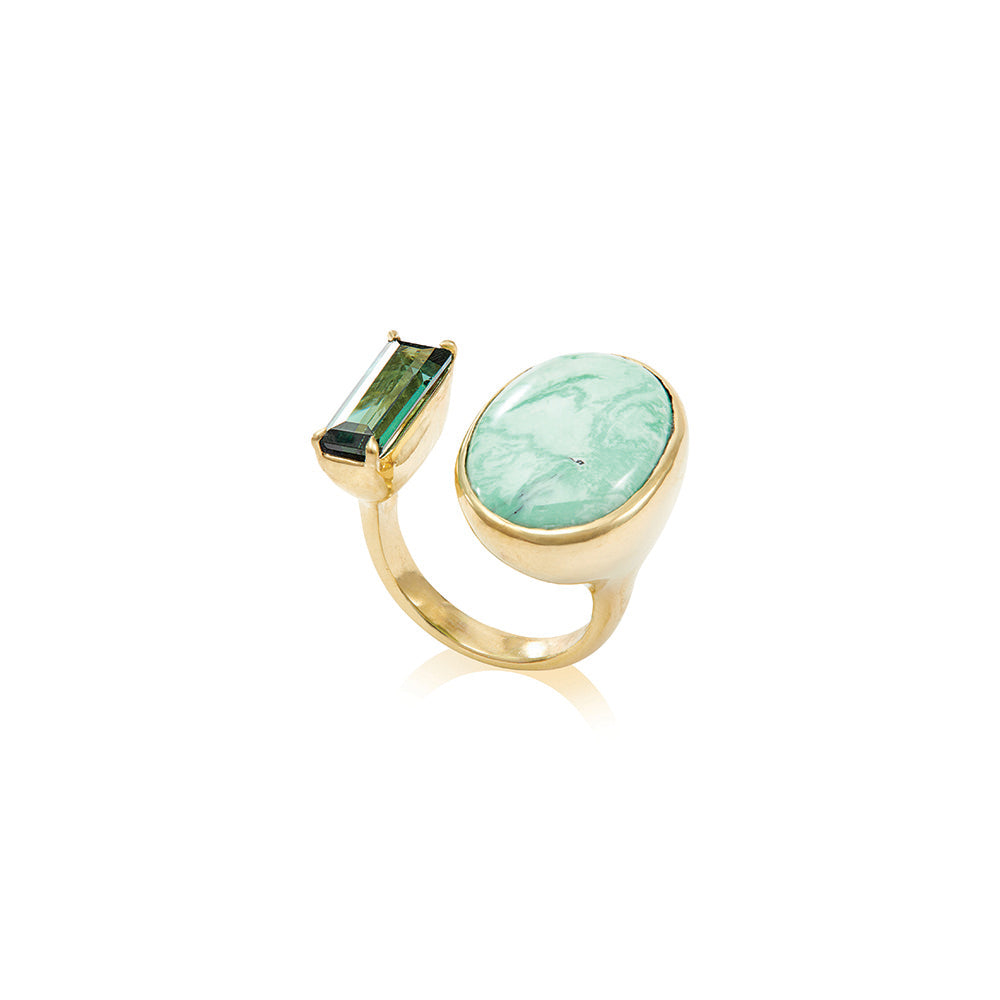 Green tourmaline and green variscite in a 18k yellow gold band. Ring is 13/16" wide (21mm) and is a size 5.75