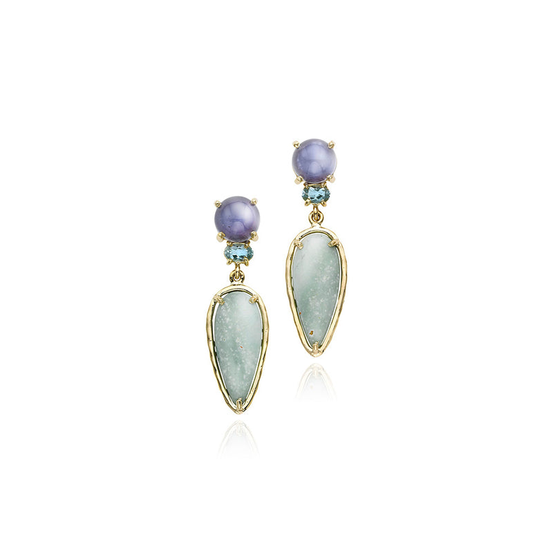 "Dailies" Small Earrings with Chalcedony, Aquamarine and Petrified Opalized Wood