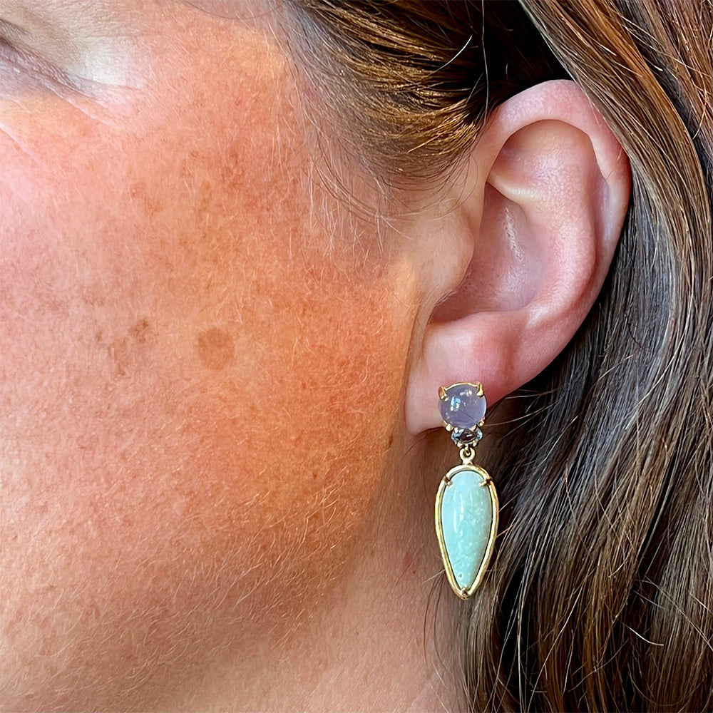 "Dailies" Small Earrings with Chalcedony, Aquamarine and Petrified Opalized Wood