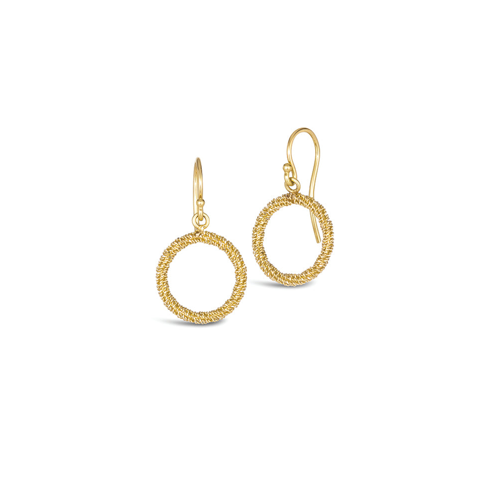 Stardust small circle earrings are 18k diamond cut chain wrapped around gold hoops. Earrings are 1" long x 5/8" wide (25 x 15mm).