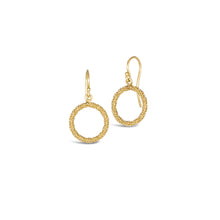 Stardust small circle earrings are 18k diamond cut chain wrapped around gold hoops. Earrings are 1" long x 5/8" wide (25 x 15mm).