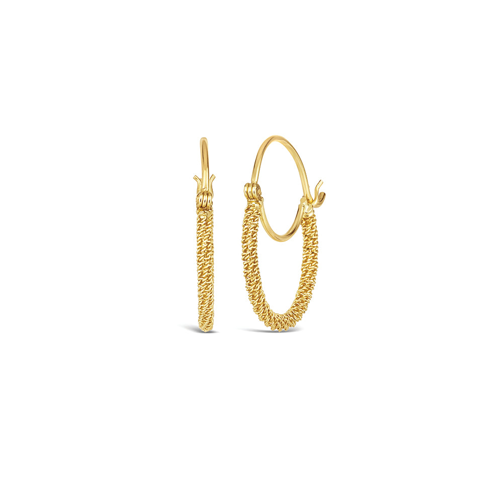 Stardust hoops (small) are 18k diamond cut chain wrapped around gold hoops. Earrings are 7/8" x 3/4" (22 x 19mm).