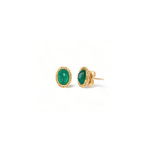 emerald stud earrings with woven chain surround