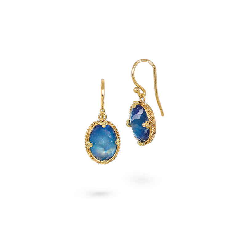 One-Of-A-Kind Oval Blue-Flash Moonstone Earrings with Woven Chain Surround